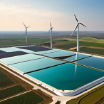 **Green Hydrogen Production Landscape**: A breathtaking, high-definition, panoramic view of a futuristic green hydrogen production facility. Dominant features include sleek, modern wind turbines and vast arrays of solar panels, seamlessly integrated into a vibrant, untouched natural landscape. In the foreground, a clean, advanced electrolysis plant is actively converting shimmering water into hydrogen, symbolized by ethereal, glowing energy streams. The sky is crystal clear, reflecting a sense of purity and optimism for a sustainable future. The overall aesthetic is one of innovative technology harmonizing with nature, emphasizing clean energy and environmental responsibility.