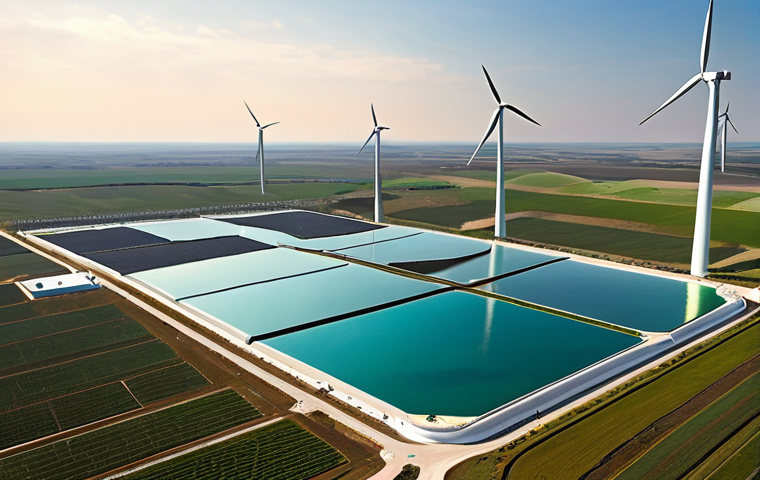**Green Hydrogen Production Landscape**: A breathtaking, high-definition, panoramic view of a futuristic green hydrogen production facility. Dominant features include sleek, modern wind turbines and vast arrays of solar panels, seamlessly integrated into a vibrant, untouched natural landscape. In the foreground, a clean, advanced electrolysis plant is actively converting shimmering water into hydrogen, symbolized by ethereal, glowing energy streams. The sky is crystal clear, reflecting a sense of purity and optimism for a sustainable future. The overall aesthetic is one of innovative technology harmonizing with nature, emphasizing clean energy and environmental responsibility.