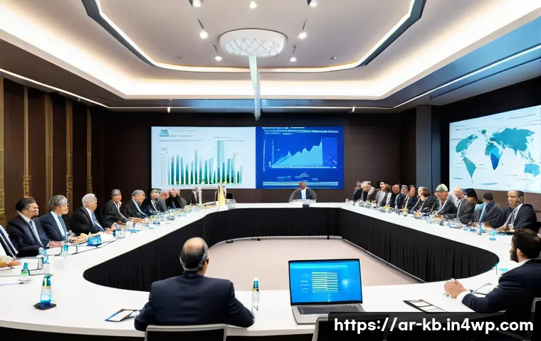 수소연료전지 기술의 표준화 동향 - A high-tech international conference room filled with diverse engineers and policymakers from Middle...